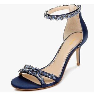 XYD Navy High Heel Rhinestone Strappy Sandals Open Toe Ankle Strap Prom Shoes